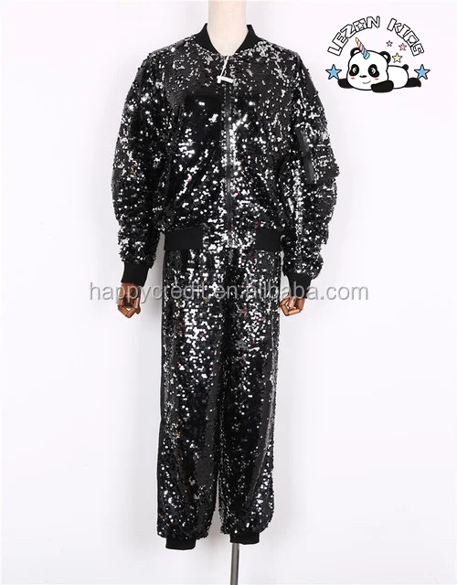 LEZONKIDS - Girls Sparkle Shinny Sequin 2 Pieces Set Punk Bomber and Joggers Black Flip to Silver Sequin Jumpsuit